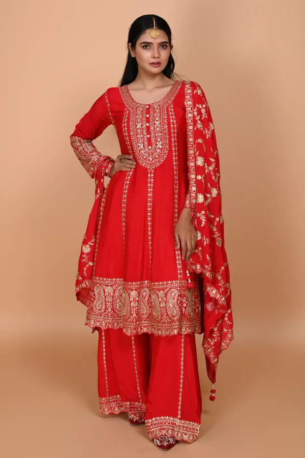 Red Paplom Suit With Palazzo Pant